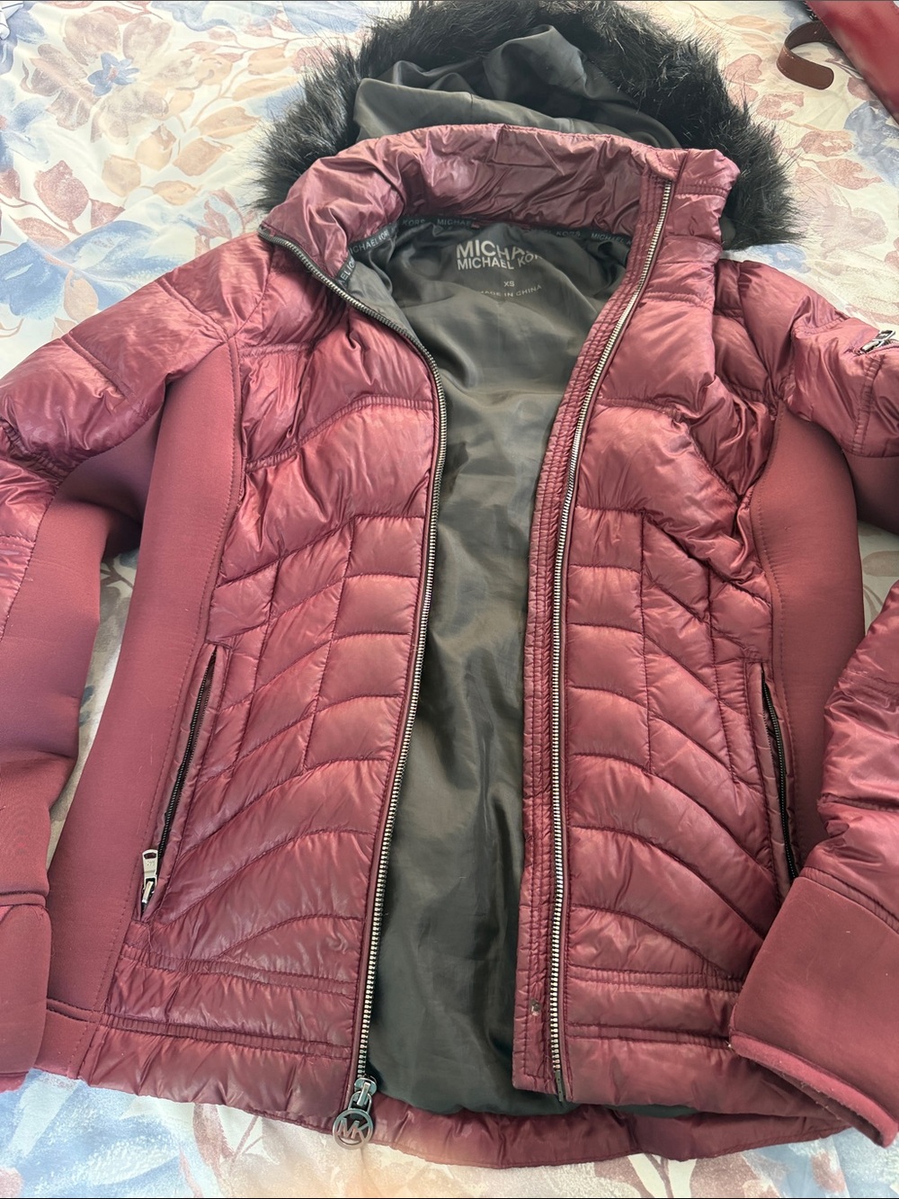 Michael Kors Women's Burgundy Quilted Puffer Jacket with Faux Fur Hood